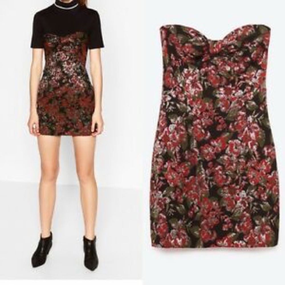 NWT Zara Shimmer Floral Strapless Dress